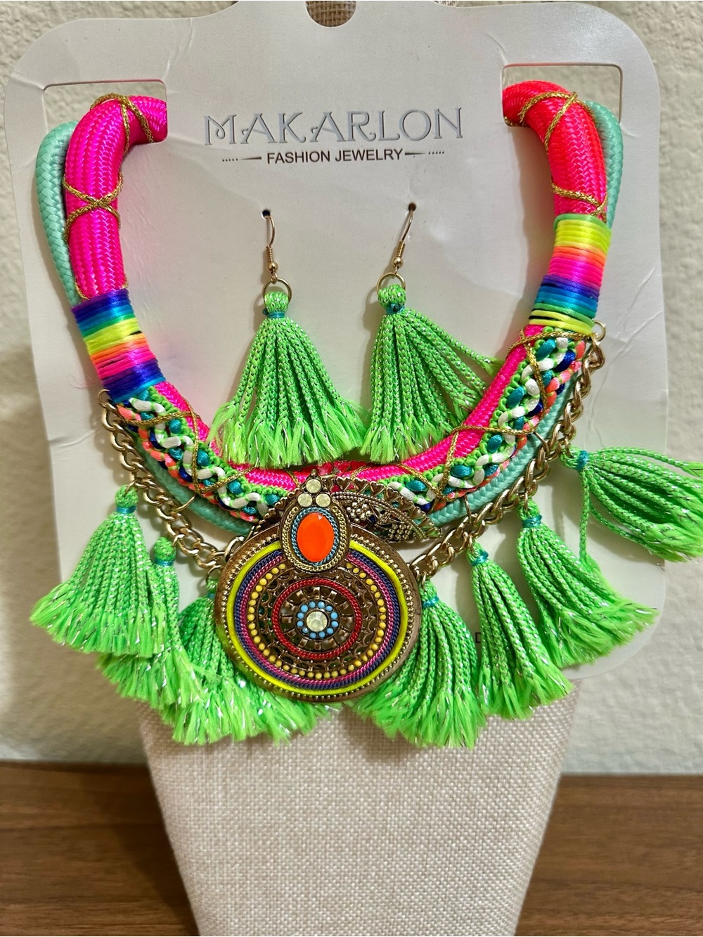 Makarlon Neon Green Tassel Statement Necklace and Earring Set